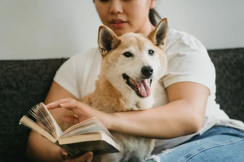 A veterinarian examines a supplement label while a dog sits nearby on an exam room floor