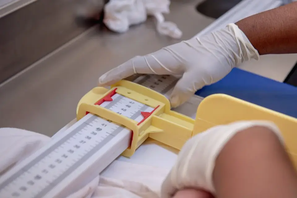 A veterinarian gently examining a dog's hip and rear leg mobility on an exam table
