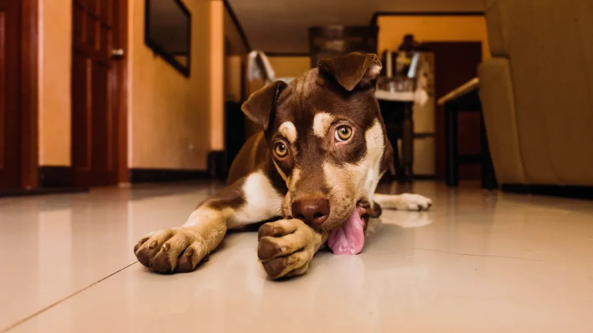 Dog eating from bowl at home