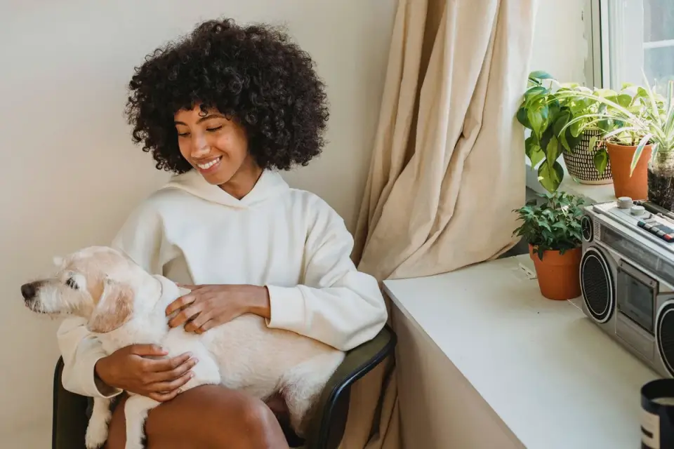 Dog in kitchen with owner