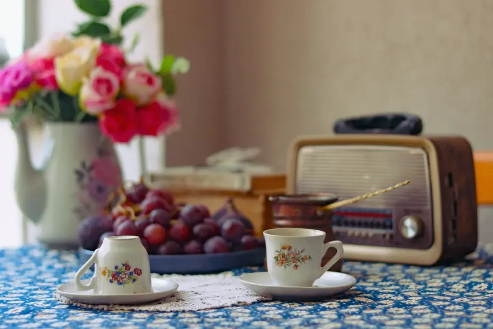 Grapes and chocolate pieces sitting on a table with a dog nearby