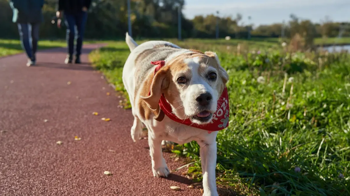 Senior dog walking outdoors